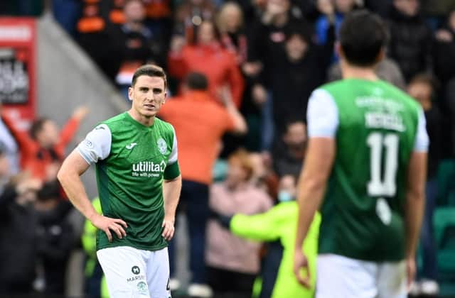 Paul Hanlon's face tells the story as Dundee United comprehensively beat Hibs at Easter Road