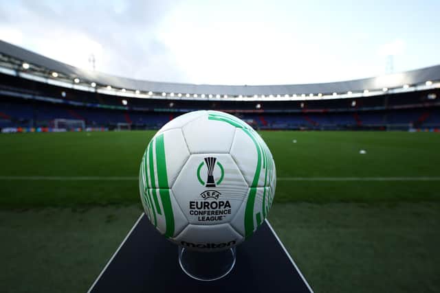 A view of a Europa Conference League match ball ahead of a match. Picture: Dean Mouhtaropoulos/Getty Images