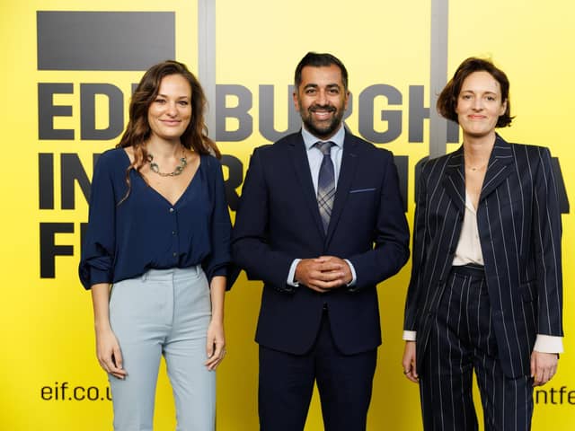 Edinburgh International Festival Director Nicola Benedetti hosts a reception for the First Minister Minister Hamza Yousaf, at The Hub. Both pictured with Phoebe Waller-Bridge, President of Fringe Society.