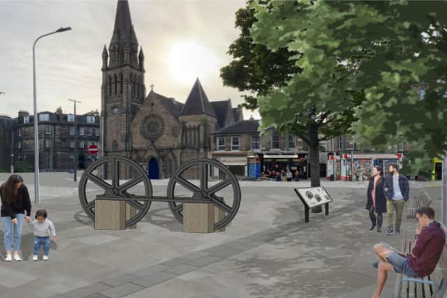An artists' impression reveals how the junction will be transformed into a public space, with newly installed seating, the historical tram wheels at the centrepeice and an information board