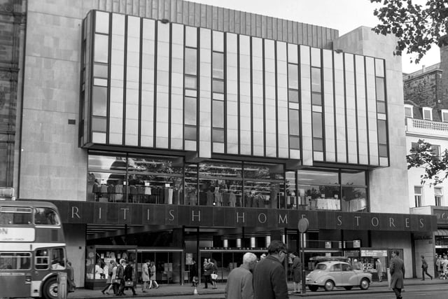 The frontage of British Home Stores in Princes Street Edinburgh in October 1970. The popular UK-wide department store giant sadly imploded in 2016.