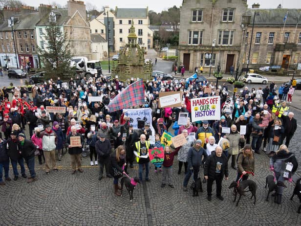 The ‘Hands Off Our History’ rally, held at Linlithgow Cross on Saturday. Photo by  Angus Laing.