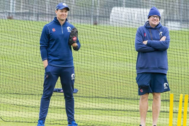 Scotland cricket coach Shane Burger, left, oversees training at Goldenacre. Picture: Lisa Ferguson