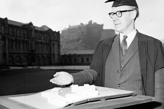 George Heriot's headmaster Mr W McL Dewar with a model of new building plans in June 1963.