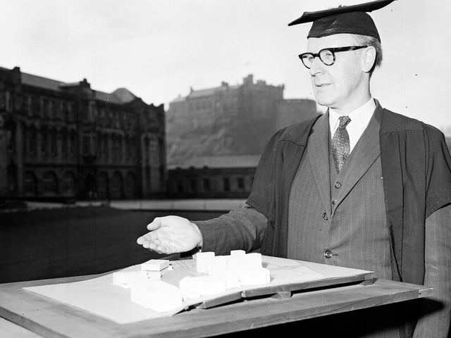George Heriot's headmaster Mr W McL Dewar with a model of new building plans in June 1963.