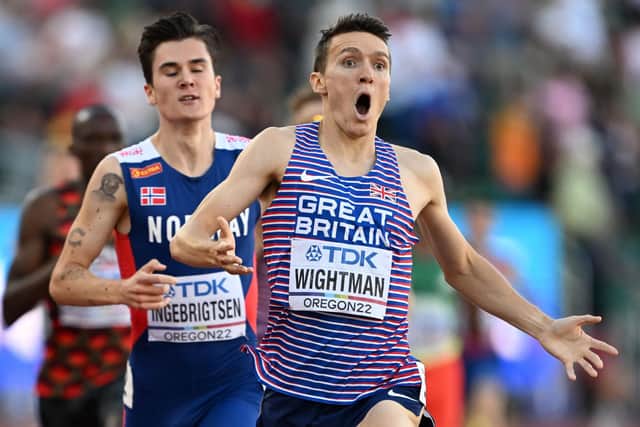 Jake Wightman reacts after crossing the line to win the men's 1500m final. Picture: Jewel Samad / Getty