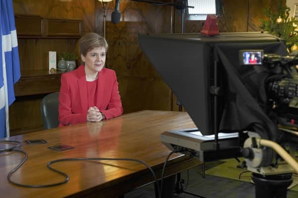 First Minister Nicola Sturgeon during the recording of her New Year's message. Picture: Scottish Government/PA Wire