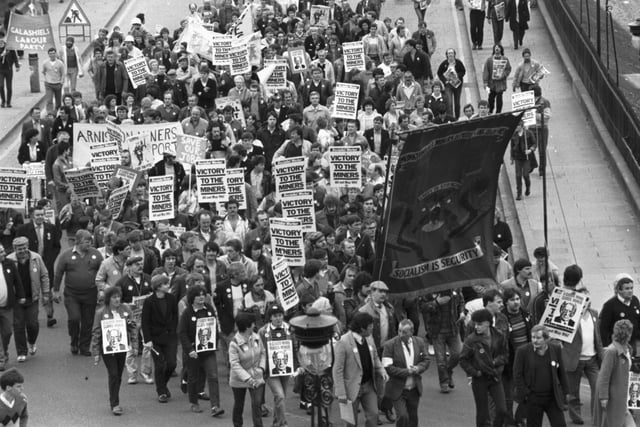 Marchers from the Labour party and trade unionists march up the Mound to a rally in support of the Scottish miners/NUM during the Scottish Trades Union Council's Day of Action in Edinburgh in May 1984.