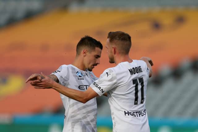 Jamie Maclaren celebrates a goal with Melbourne City team-mate and former Cardiff City ace Craig Noone