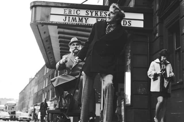 Actors and comedians Eric Sykes and Jimmy Edwards outside the King's Theatre, Edinburgh for Big Bad Mouse in February 1973.