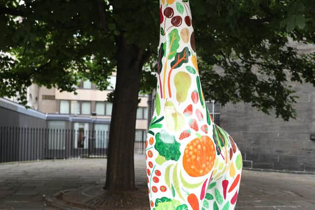 The design of the giraffe celebrates Scottish produce and encourages people to eat healthier.