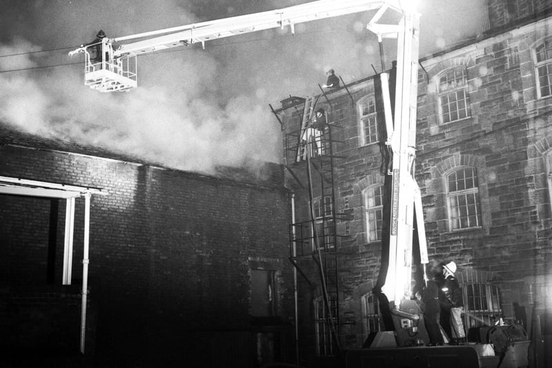 A fire broke out at Crawford's whisky bond in Leith in December 1973.  Firemen used a hydraulic platform to fight the flames.