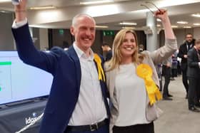 Lib Dem group leader Kevin Lang and the party's candidate Fiona Bennett after the Corstorphine/Murrayfield byelection result was announced