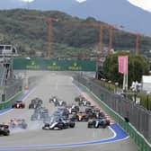 Drivers take the start during the Russian Grand Prix at the Sochi Autodrom circuit in September 2021