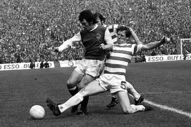 Jimmy O'Rourke tries to dribble around Celtic's Billy McNeill in Hibs' defeat in the 1972 Scottish Cup final. Picture: SNS
