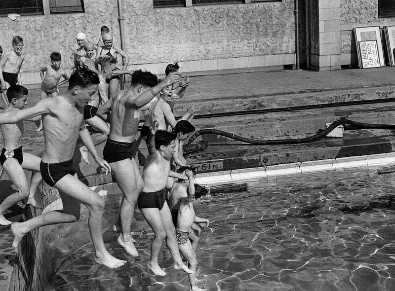 Jumping in at the deep end at Portobello Outdoor Swimming Pool in 1952.