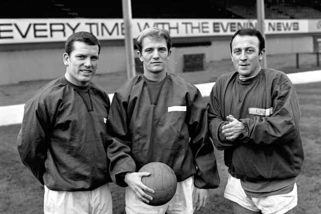 Joe McBride, Willie Hunter (Billy Hunter) and Pat Quinn at Easter Road during a training session in November 1968.