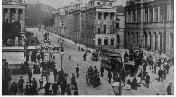 A late 19th century photograph of Edinburgh's Waterloo Place, including the General Post Office, now Waverley Gate.