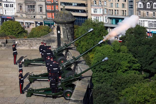 The Royal Salute is fired at Edinburgh Castle by 105th Regiment Royal Artillery to mark the Principal Proclamation of King Charles III, in Edinburgh (Photo by ODD ANDERSEN/AFP via Getty Images)