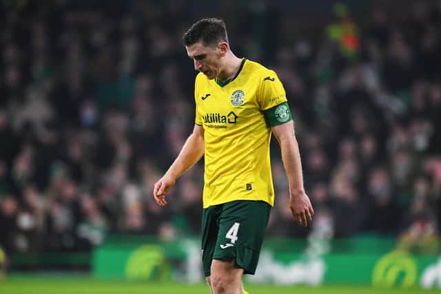 Frustrated Hibs captain Paul Hanlon during Monday's 2-0 defeat to Celtic at Parkhead. Picture: SNS