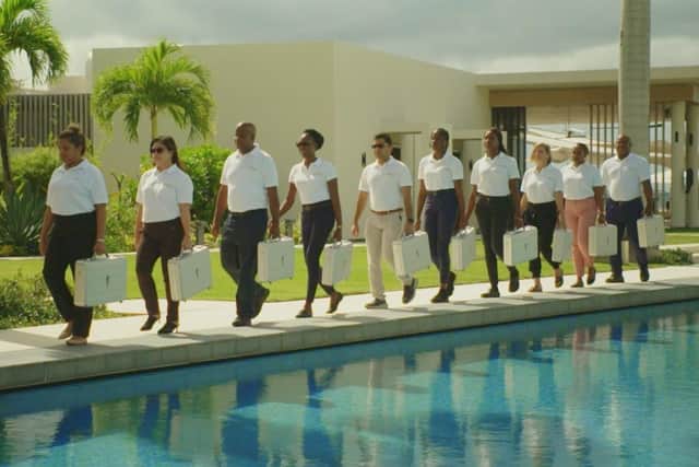 There was a lot of slow-motion walking beside shimmering swimming pools in ITV's new gameshow The Fortune Hotel (Picture: ITV)