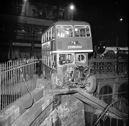An Eastern Scottish bus crashed into the railings at the top of the Waverley Bridge, near the Waverley Market in Edinburgh in November 1970.