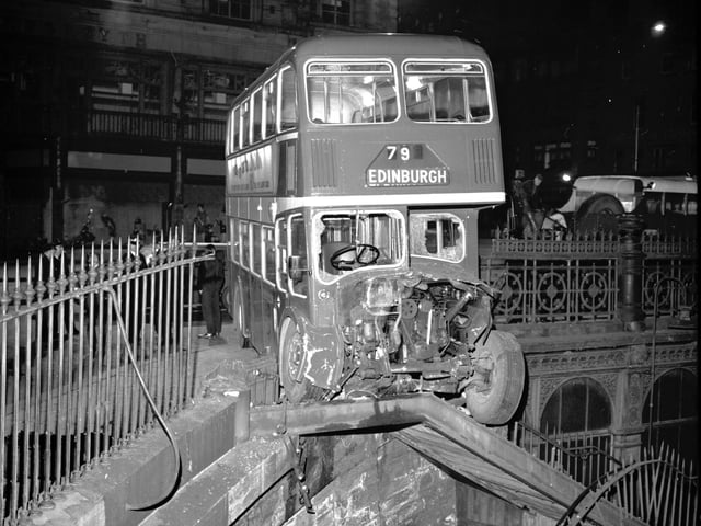 An Eastern Scottish bus crashed into the railings at the top of the Waverley Bridge, near the Waverley Market in Edinburgh in November 1970.