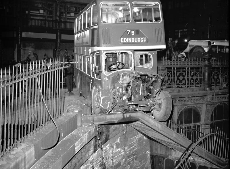 An Eastern Scottish bus crashed into the railings at the top of the Waverley Bridge, near the Waverley Market in Edinburgh in November 1970.