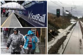 Rail services in parts of Scotland have been suspended, and several trains from England to Edinburgh cancelled, after the Met Office issued an amber alert for rain and floods.