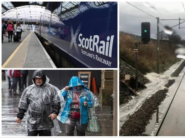 Rail services in parts of Scotland have been suspended, and several trains from England to Edinburgh cancelled, after the Met Office issued an amber alert for rain and floods.