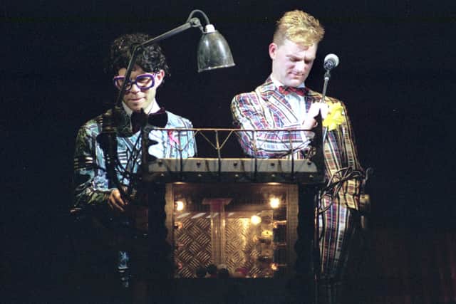 Erasure - Vince Clarke and Andy Bell play Bingo on stage at the Playhouse theatre in Edinburgh, June 1992.