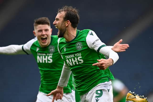 Christian Doidge celebrates making it 2-0 to Hibs in their Scottish Cup semi-final victory over Dundee United. Picture: SNS