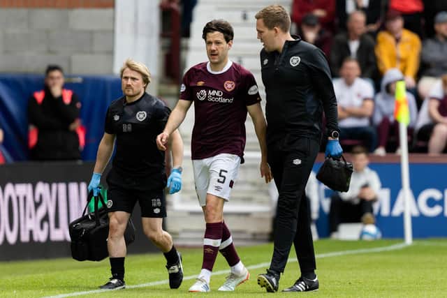 Peter Haring walks off after sustaining a head knock in the final game of the season against Hibs. Picture: SNS