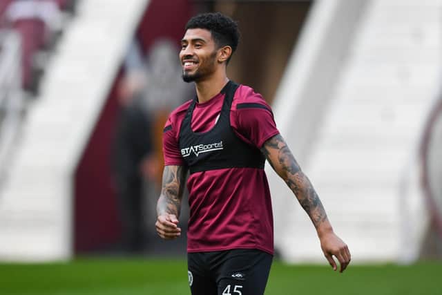 EDINBURGH, SCOTLAND - SEPTEMBER 18: New Hearts signing Josh Ginnelly warms up before a pre season friendly match between Hearts and East Fife at Tynecastle Stadium on September 18, 2020, in Edinburgh, Scotland. (Photo by Craig Foy / SNS Group)