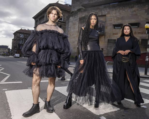 Models Joshua Cairns, Grace Dempsey and Shannon Summers arrive at the National Museum of Scotland ahead of the opening of its Beyond the Little Black Dress exhibition on 1 July. Picture: Duncan McGlynn