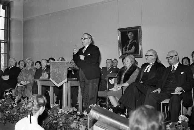 Sir Edward Appleton gives the address at the James Gillespie's School for Girls Founders Day Ceremony in February 1959.
