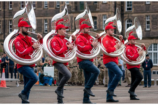 Members of the Swiss Armed Forces Central Band during a rehearsal for this year's Royal Edinburgh Military Tattoo at Redford Barracks in Edinburgh. This year's show, entitled Stories, celebrates limitless forms of expression through Stories and transports audiences on a journey of ideas, from the earliest campfire stories through to the world stage. 
Jane Barlow/PA Wire