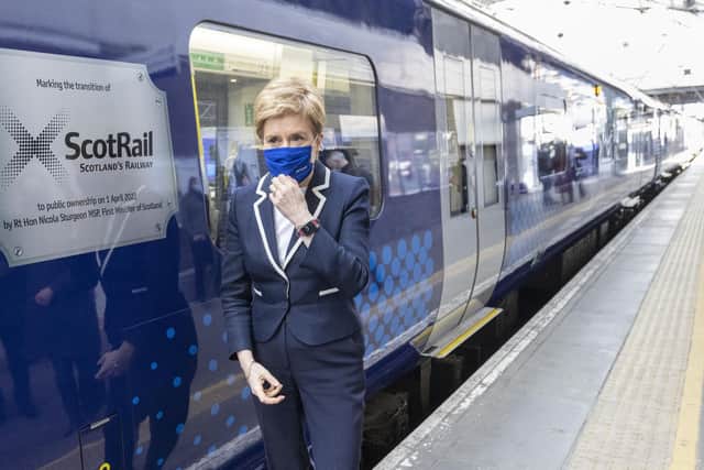 First Minister Nicola Sturgeon unveils a specially-branded train on April 1 to mark ScotRail's return to public ownership. Picture: PA