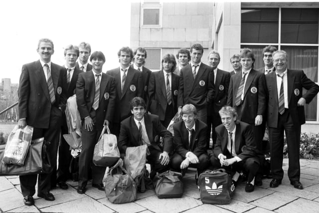 The Austria Vienna football team arrive at Edinburgh airport for their UEFA Cup tie against Hearts at Tynecastle in October 1988.