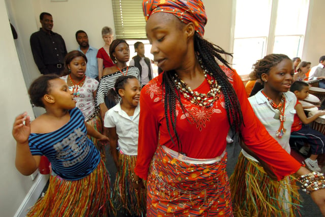 Youngsters learn West African Dance with Rose Bazzie( centre) at the Sadacca I nternational Community Cultural Day