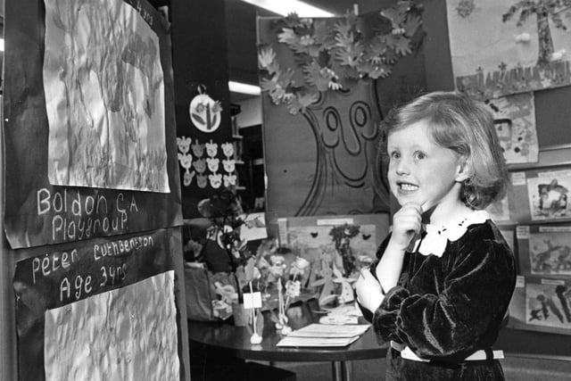 Claire Iley, 4, of Boldon Community Association Playgroup, was pictured studying her entry in the South Tyneside Playgroups' painting exhibition in the Central Library in this 1985 photo.