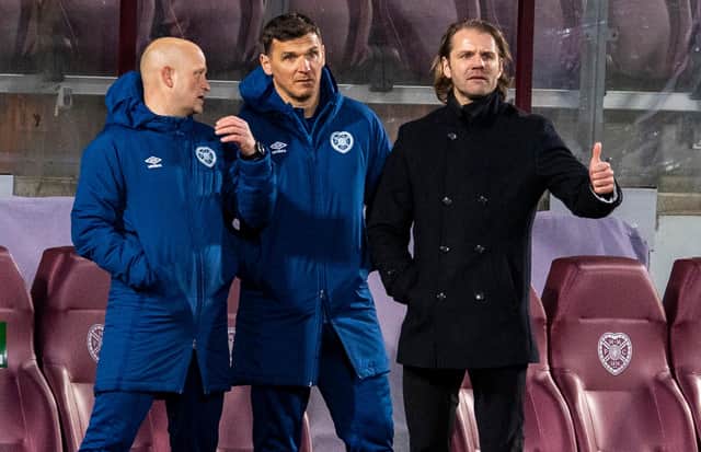 Hearts manager Robbie Neilson with coaches Lee McCulloch and Gordon Forrest.
