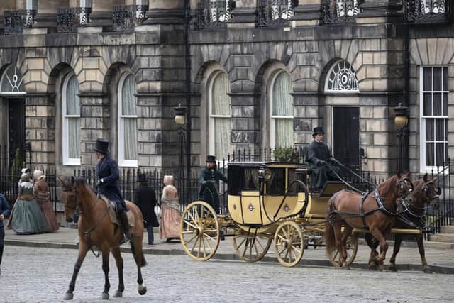Upmarket Moray Place in the western fringes of Edinburgh's New Town is a firm favourite among filmmakers. Pictured we can see a scene being filmed for Julian Fellowes' 2020 period drama 'Belgravia'.