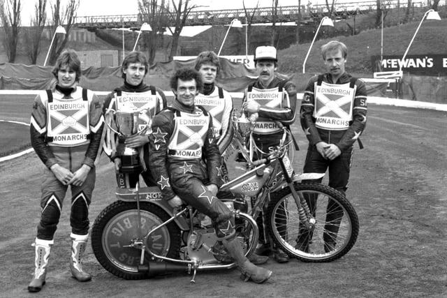 Some of the Edinburgh Monarchs motorcycle speedway team at Powderhall in March 1982.