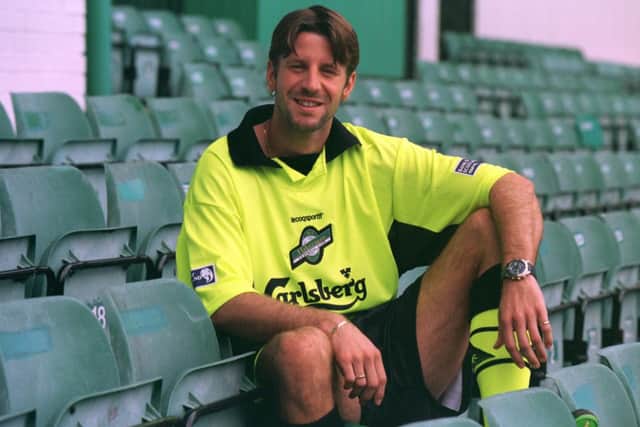 Dirk Lehmann shows off the new Hibs away kit at Easter Road in 1999. Picture: TSPL