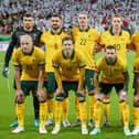 The Socceroos starting XI for the 2-1 victory over UAE. Jackson Irvine and Kye Rowles are back row, third left and third right, while Nathaniel Atkinson is front row extreme right and Martin Boyle is front row, third from right