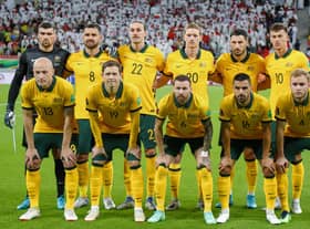 The Socceroos starting XI for the 2-1 victory over UAE. Jackson Irvine and Kye Rowles are back row, third left and third right, while Nathaniel Atkinson is front row extreme right and Martin Boyle is front row, third from right