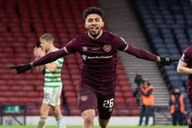 Josh Ginnelly celebrates after scoring for Hearts against Celtic in the Scottish Cup final. Picture: SNS