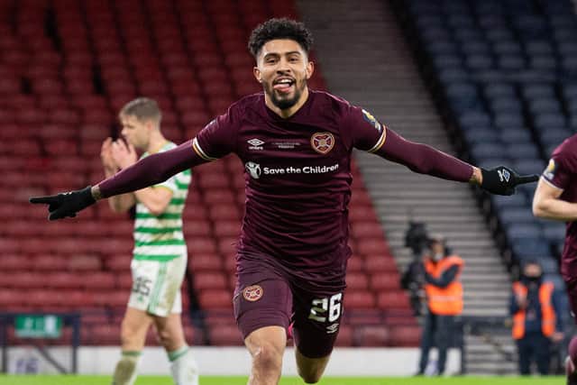Josh Ginnelly celebrates after scoring for Hearts against Celtic in the Scottish Cup final. Picture: SNS