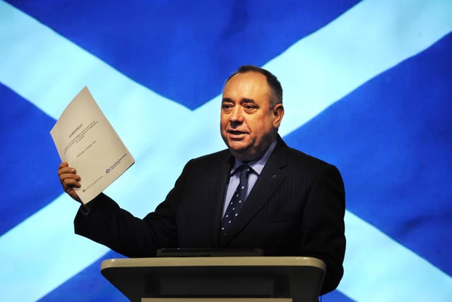 The  Edinburgh Agreement which was signed on October 15, 2012 by Prime Minister David Cameron and First Minister Alex Salmond at St Andrew's House in Edinburgh. The historic document was the terms for the 2014 Scottish independence referendum, in which Scotland voted to remain in the United Kingdom by 55 per cent to 45 per cent. Pictured: First Minister Alex Salmond holds up the Edinburgh agreement during the press conference.